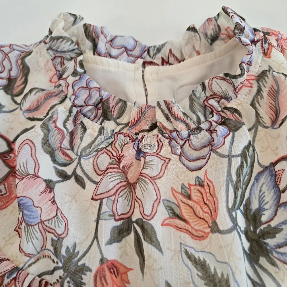 LOFT Puff Sleeve Floral Babydoll Blouse Size S Colorful Ruffle Neck Gardencore